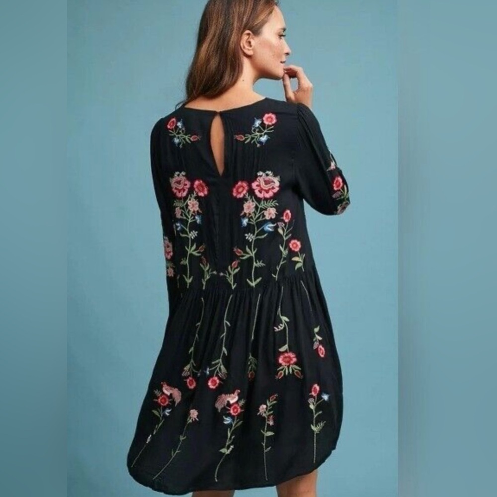 Philosophy Floral Embroidered Long Sleeve Dress Womens Black Short Flowy Sz M - Picture 2 of 16